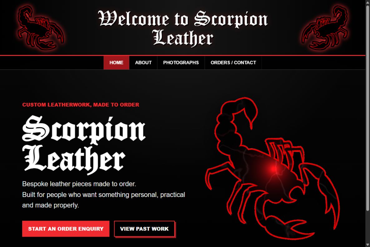 Scorpion Leather website showing its bespoke leatherwork identity