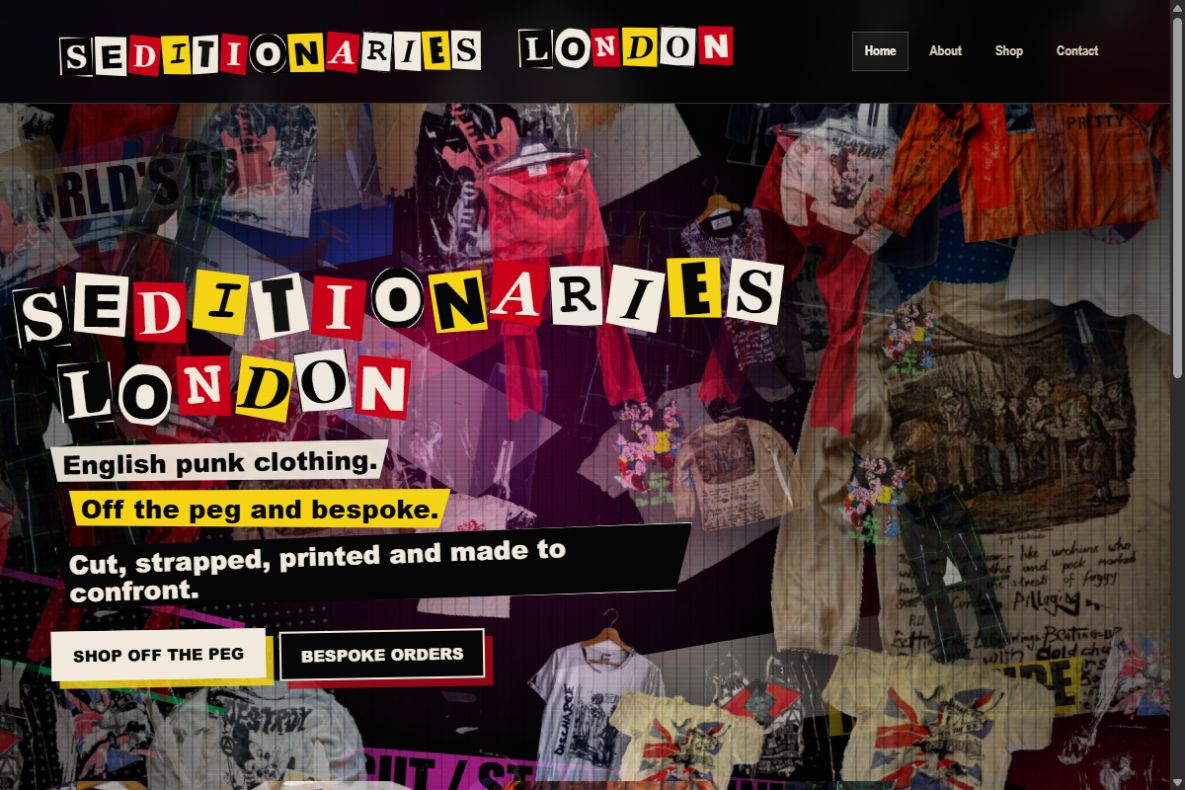 Seditionaries London website development preview with punk collage artwork